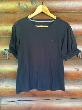 Tommy Hilfiger Navy Short Sleeve Tee with Puff Sleeves and Stripe Tie